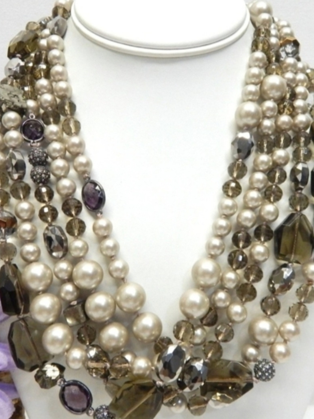 Stella & Dot Ivory Pearl and Smoky Crystal Multi-Strand Necklace